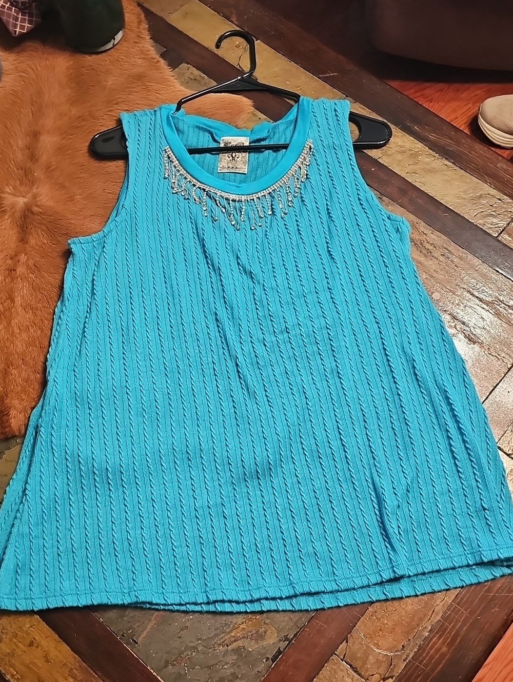 Vocal Turquoise Beaded Neckline Sleeveless Tank